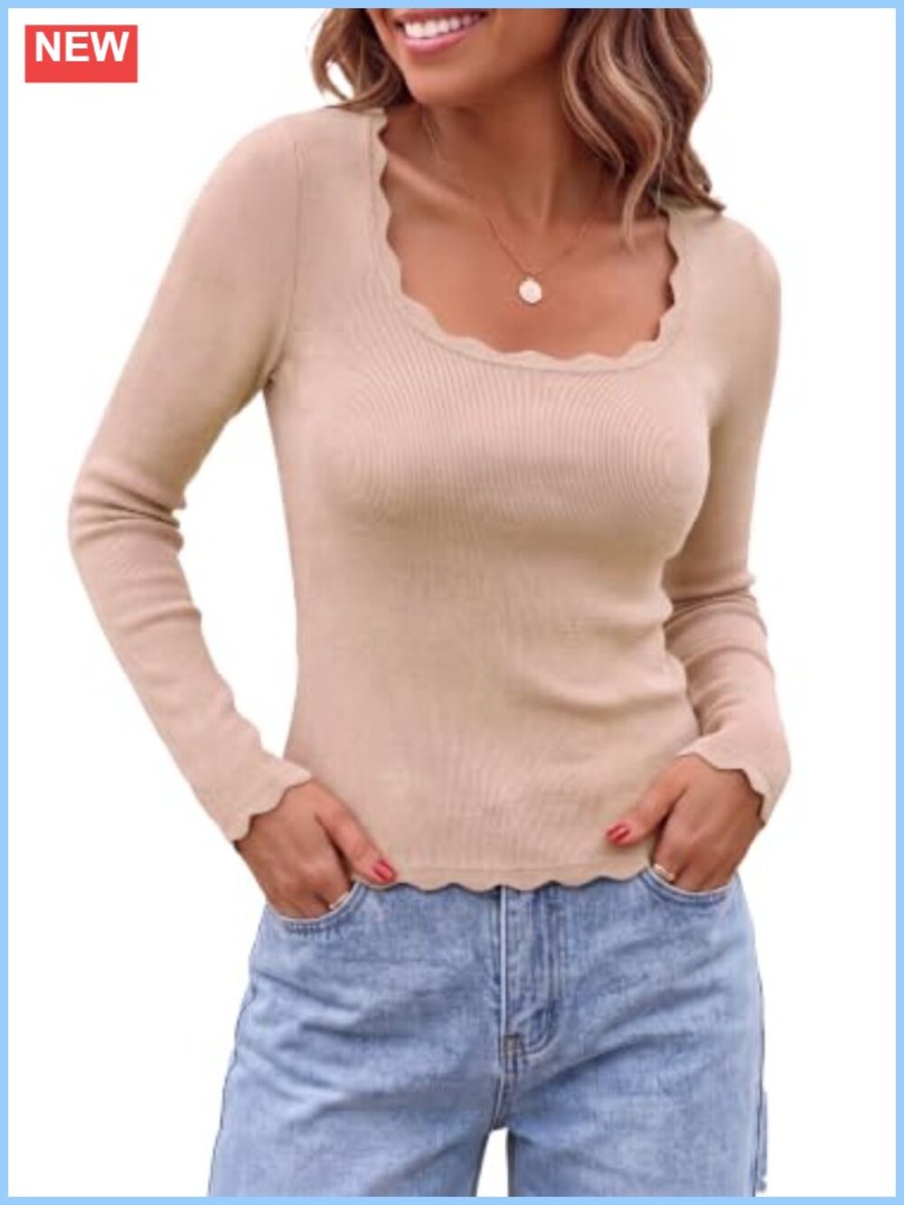 Women's Ribbed Knit Long Sleeve Fitted Scalloped Scoop Neck Top